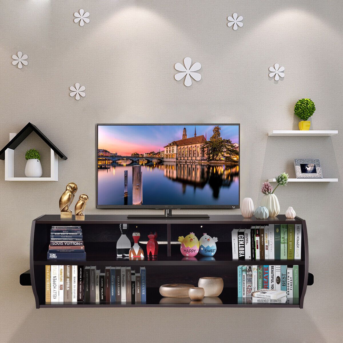 Wall-Mounted TV Stand Floating Cabinet Media Center with Cable Hole